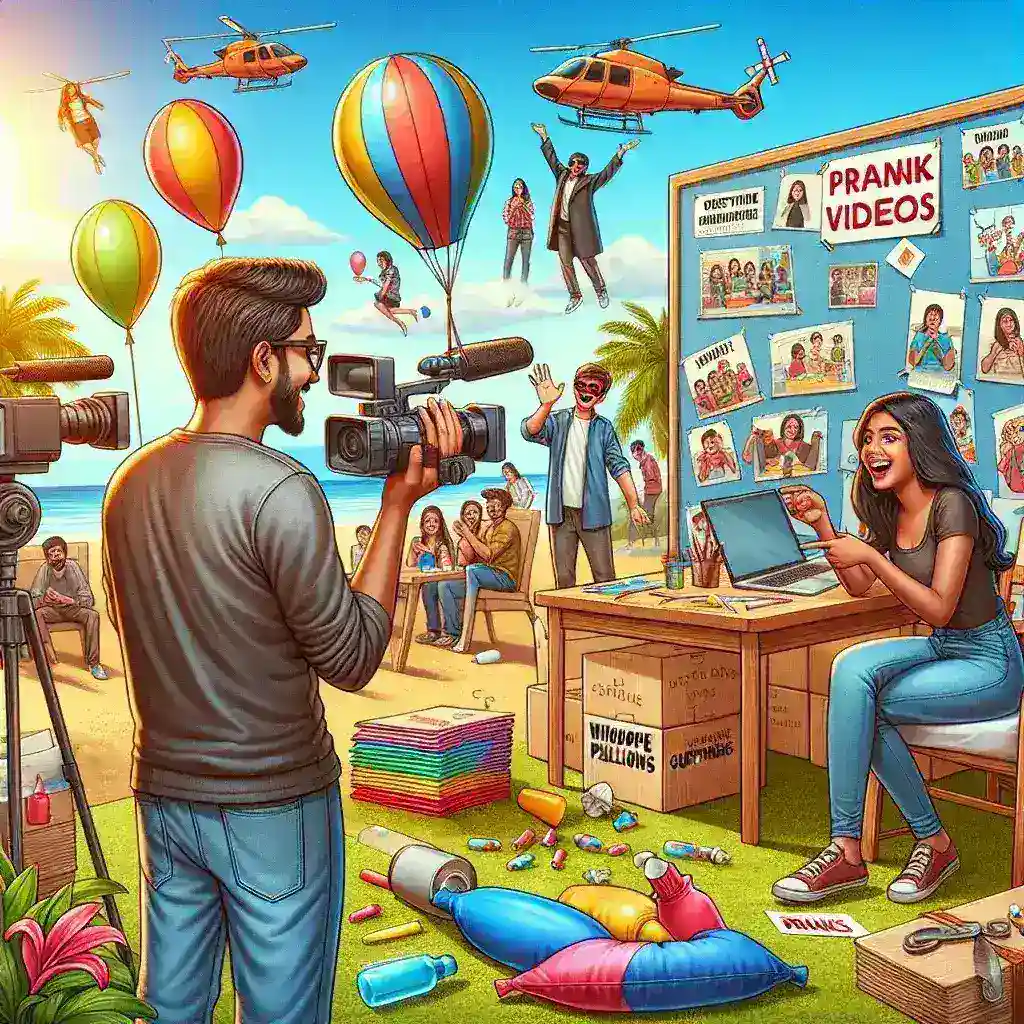 "Grupo de amigos riendo mientras graban un video de broma para YouTube, en un ambiente divertido y creativo, ilustrando la guía completa sobre cómo crear videos de bromas exitosos."