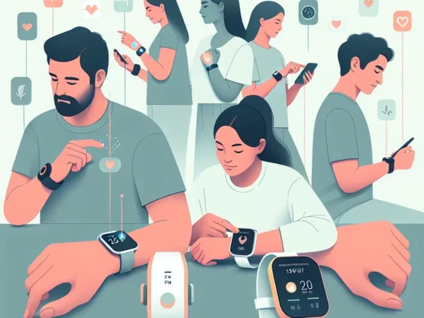 "Imagen de un usuario utilizando un dispositivo wearable para el monitoreo del estrés, mostrando gráficos de salud en una pantalla, con recomendaciones personalizadas destacadas para mejorar el bienestar emocional."