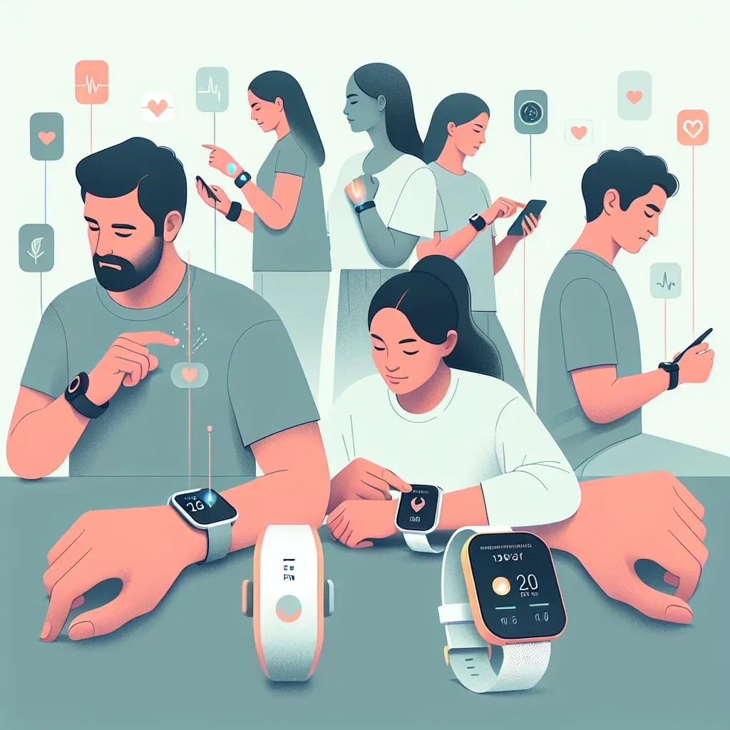 "Imagen de un usuario utilizando un dispositivo wearable para el monitoreo del estrés, mostrando gráficos de salud en una pantalla, con recomendaciones personalizadas destacadas para mejorar el bienestar emocional."