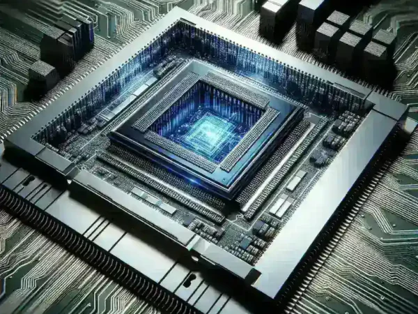 "Chip M4 Pro de Apple con gráficos mejorados, mostrando diseño innovador y tecnología avanzada en un fondo técnico."