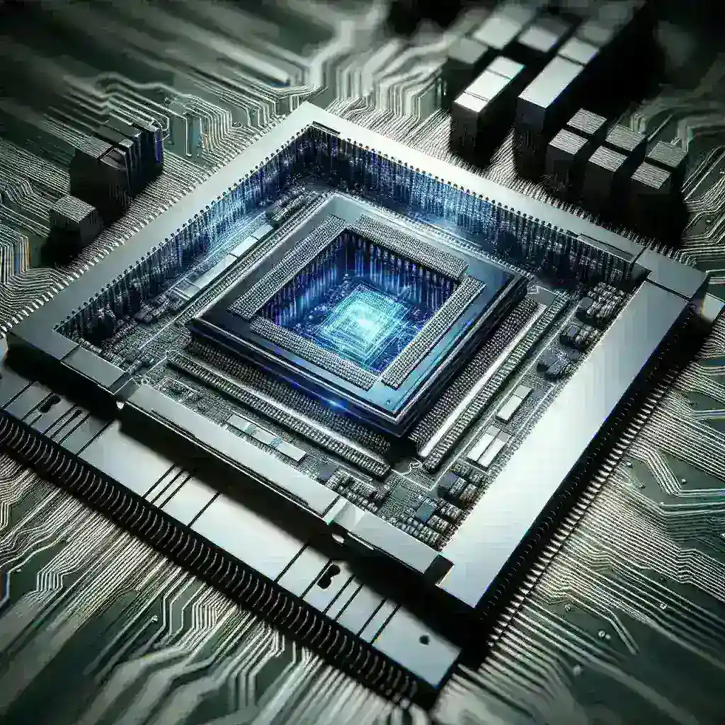 "Chip M4 Pro de Apple con gráficos mejorados, mostrando diseño innovador y tecnología avanzada en un fondo técnico."