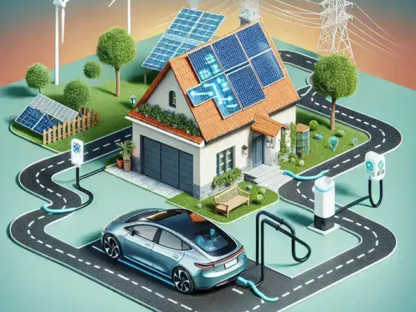 "Infografía que ilustra el concepto de carga bidireccional en coches eléctricos, mostrando cómo un vehículo eléctrico puede suministrar energía a un hogar, resaltando los beneficios y la tecnología detrás de la carga bidireccional."