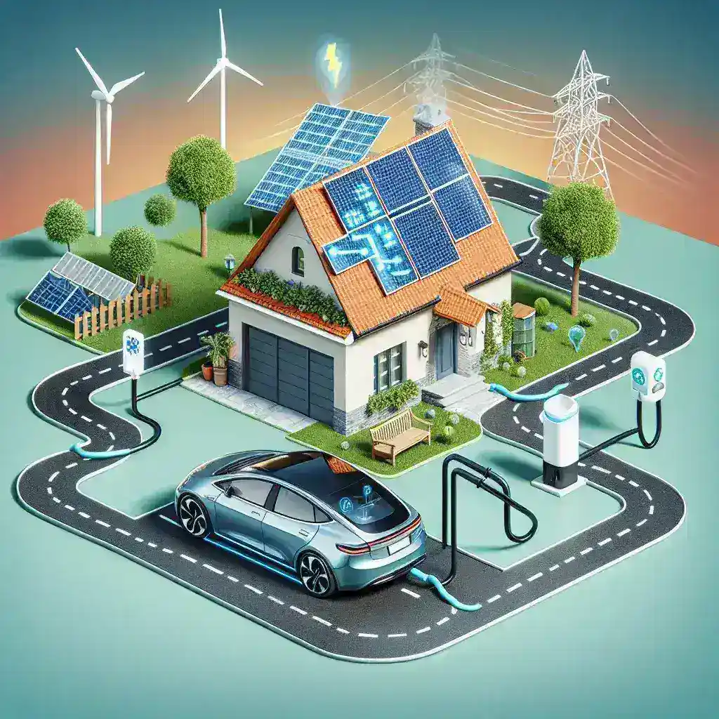 "Infografía que ilustra el concepto de carga bidireccional en coches eléctricos, mostrando cómo un vehículo eléctrico puede suministrar energía a un hogar, resaltando los beneficios y la tecnología detrás de la carga bidireccional."